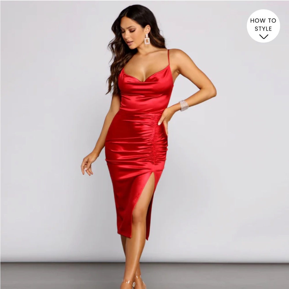 Red satin midi dress Size M
